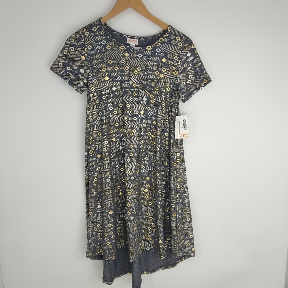 Lularoe NEW Grey Carly Loose Tee Shirt Dress Gold Arrows Size XXS - Picture 1 of 4